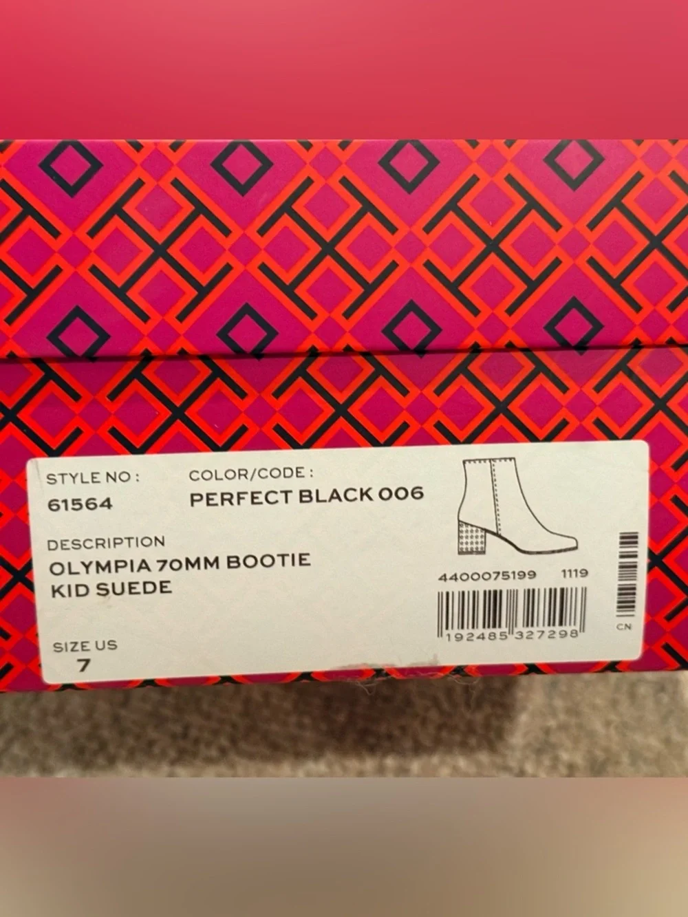 Tory Burch Olympia 70mm Kid Suede Bootie Black Size 7 Gold star heel